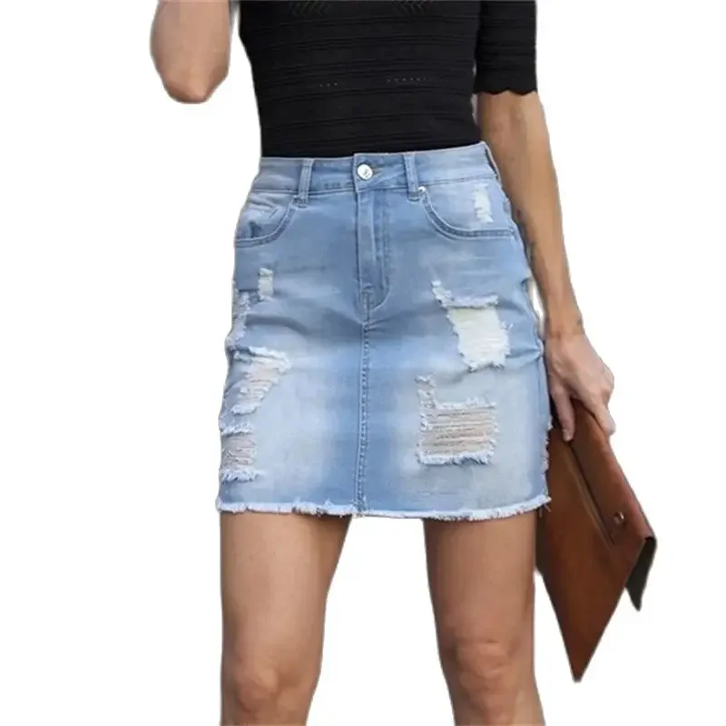 Vintage Broken Holes Straight Wrap Hip Skirt Women Tassel Hem Slim Fit Denim Half-body Dress Female 2024 Summer Trend Streetwear