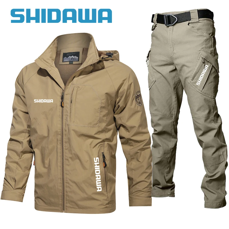 

2023 Men's Thin Waterproof Fishing Suits Spring Autumn Outdoor Windproof Hooded Sports Jacket+Hiking Fishing Pants Two-piece Set