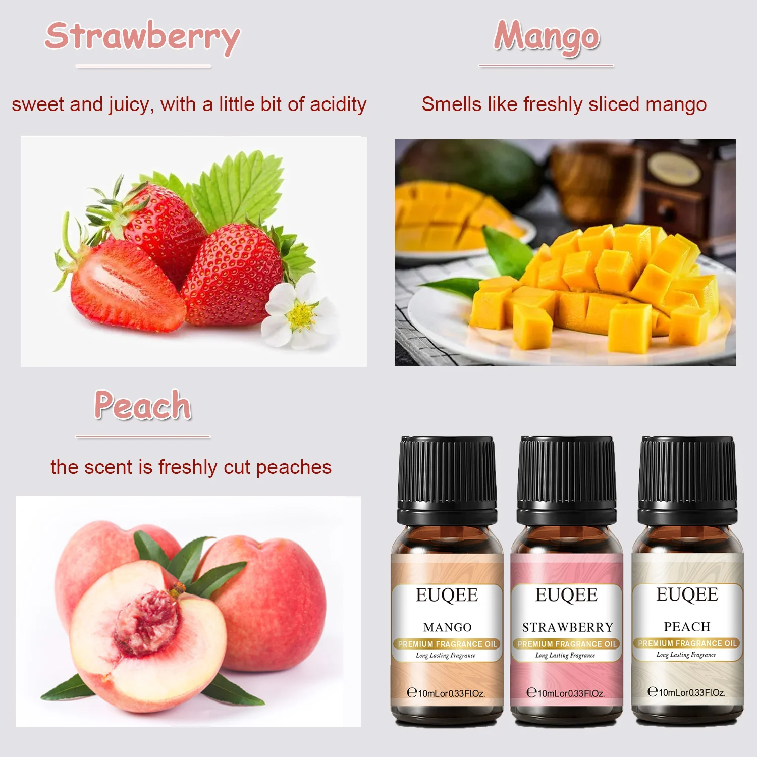 EUQEE Premium Fruit Fragrance Oils Gift Set for So Sweet - 6x10ml-Strawberry, Cherry, Litchi, Apple, Mango, Peach - Scented Essential Oils for