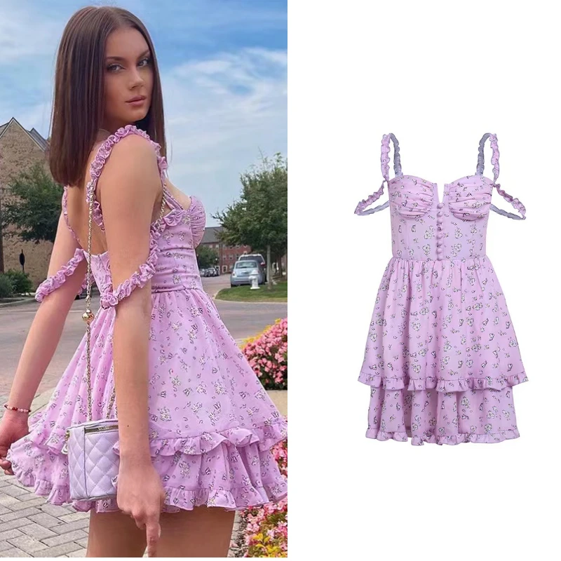 Za 2022 Vintage Purple Floral Print Chiffon Mini Party Dress Women Sleeveless Corset Ruffles Cami Dress Holiday Vestidos