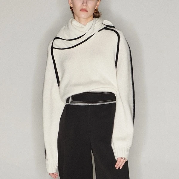 

Sweater Women's, High Quality 70% Wool 30% Cashmere Sweater, Black and White Line Stitching Sweater 2023 AW New Women's Clothing