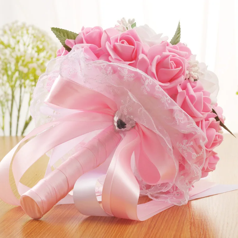 Elegant Bride Hands Holding Bouquet Romantic Rose Flower Pearl Crystal Wedding Bridal/Bridesmaid Bouquet Satin Flower