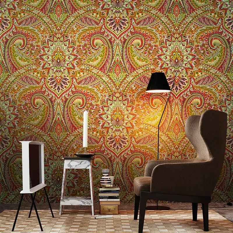 Papéis de Parede Vintage Grande Flor Americana Rolo de Papel de Parede Étnico Exótico Decoração Sala e Quarto Azul e Vermelho
