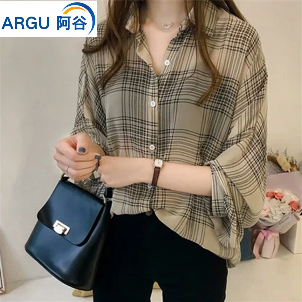 Fashion Casual Thin Chiffon Loose Batwing Sleeve Plaid Women Shirt 2023 New Office Lady All-match Lapel Button Woman Blouse