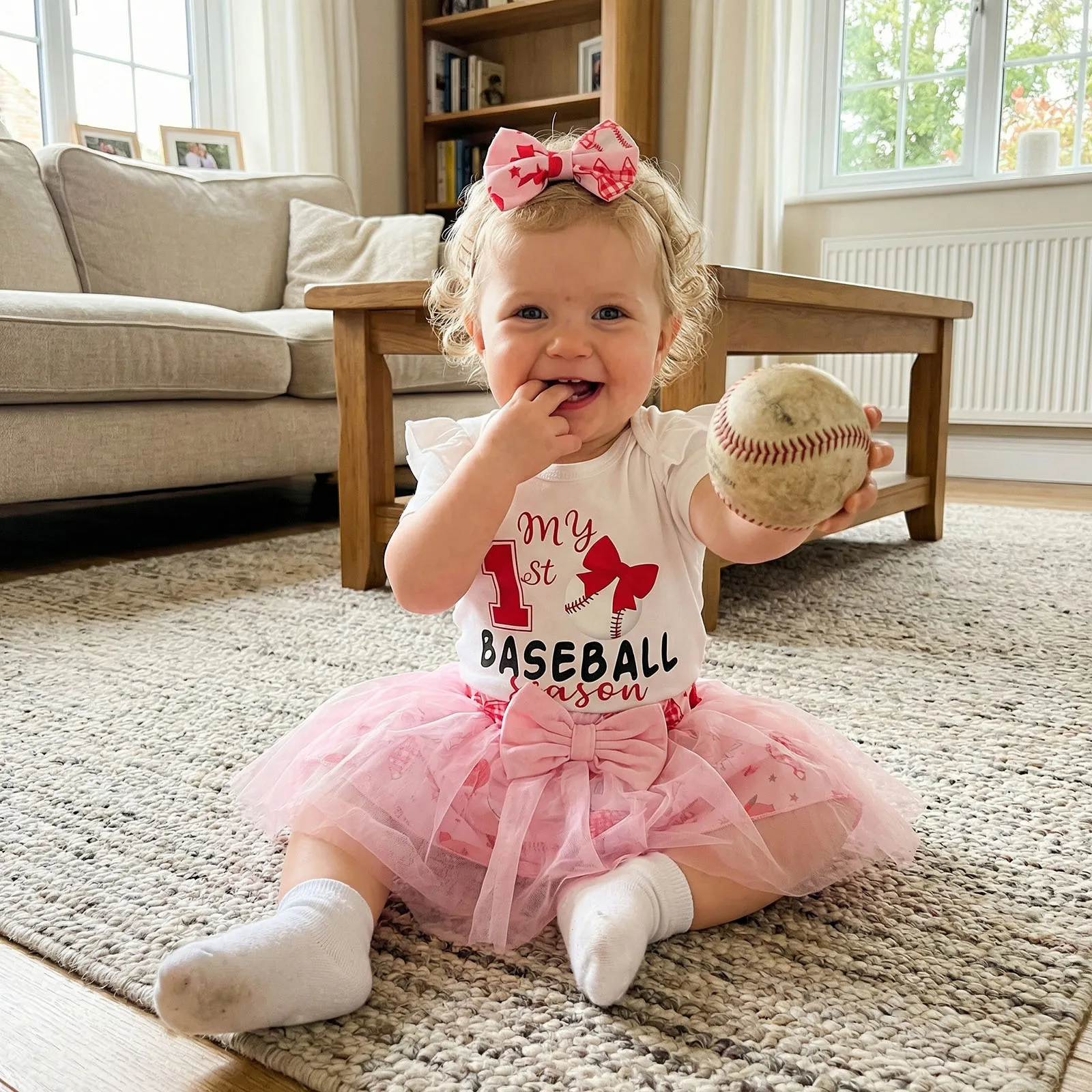   의류 소녀 여름 3Pcs 복장 귀여운 야구 인쇄 짧은 소매 롬퍼 튤 스커트, 머리띠 의류 세트