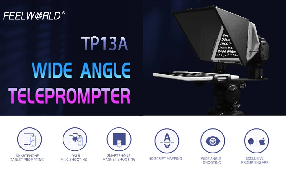 TP13A Portable 13 Inch Teleprompter Supports Under 13" DSLR Shooting Smartphone/