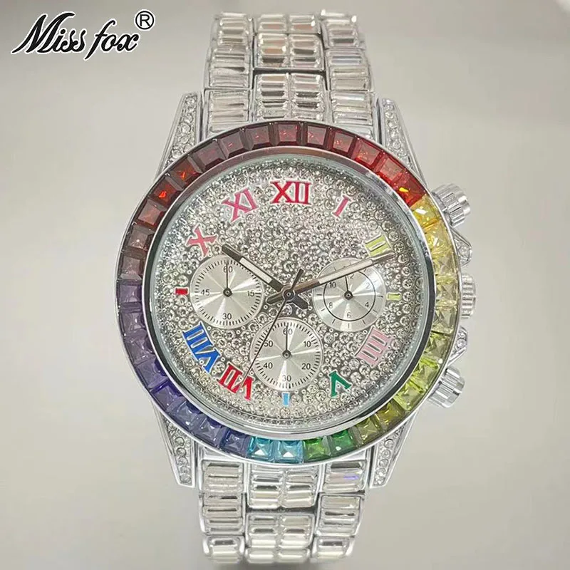 MISSFOX luxusní iced hodinky pro muži móda značka vodotěsný křemen hodiny duha obdélník diamant náramkové hodinky dar svobodné doprava
