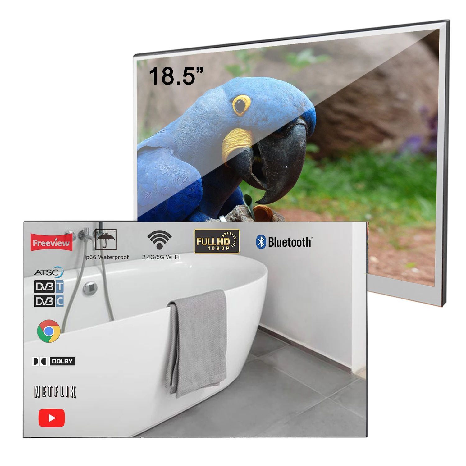 18.5 inches Mini Smart Mirror LED Bathroom TV IP66 Waterproof Shower Integrated WiFi Television SPA For Compact Area