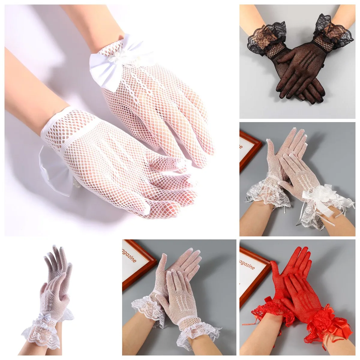 

1 Pair Fishnet Five Fingers Gloves Sexy Mesh Lace Bow Dance Gloves Women Wedding Party Mittens Girls Dress Clothing Accessories