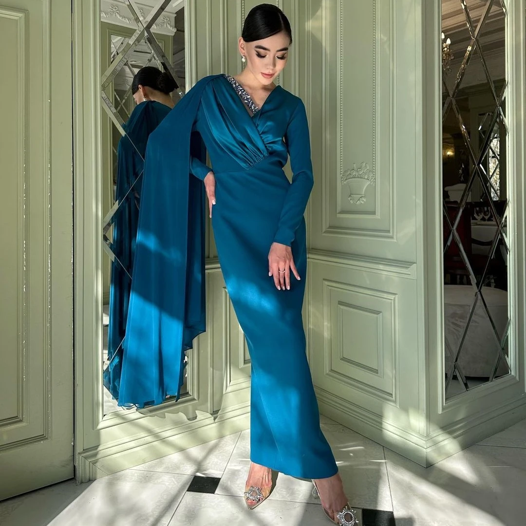 

Blueribbon Beaded V Neck Evening Dresses Saudi Arabia Women Wear Long Sleeves Prom Dress Ankle Length Birthday Party Gowns