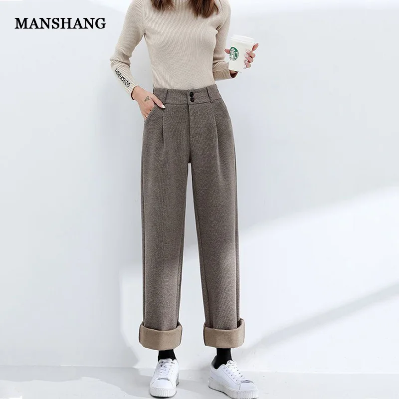 

Woolen wide leg pants for women autumn winter new high waist elastic loose casual pants female thicken straight leg trousers