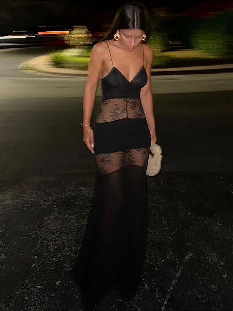 Sexy Lace Sling Dress Women See Through Backless Hollow Out Sleeveless Robe Female 2025 Fashion Beach High Waist Dresses Lady 2