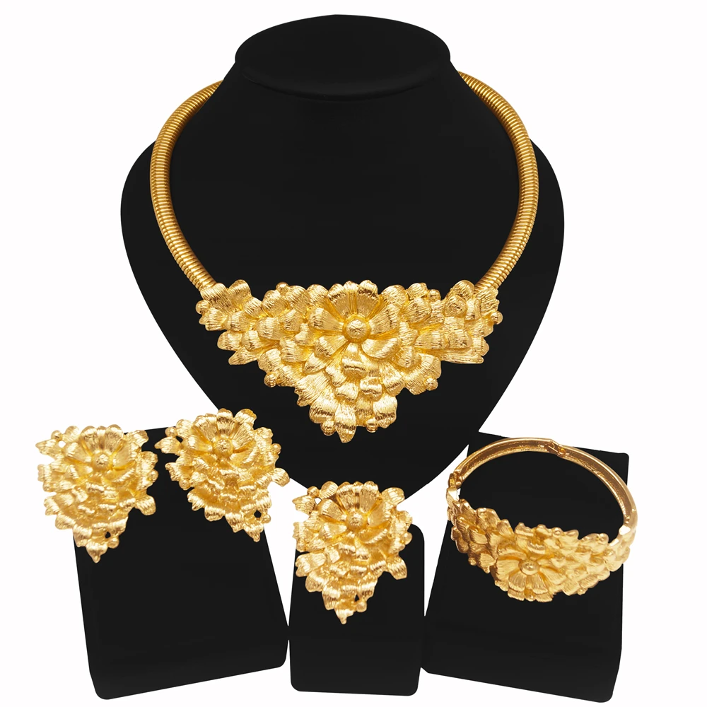 Women Gold Plated Jewelry Original Women Big Bud Necklace Jewelry Set Dubai Fashion Earrings Rings Wedding Accessories