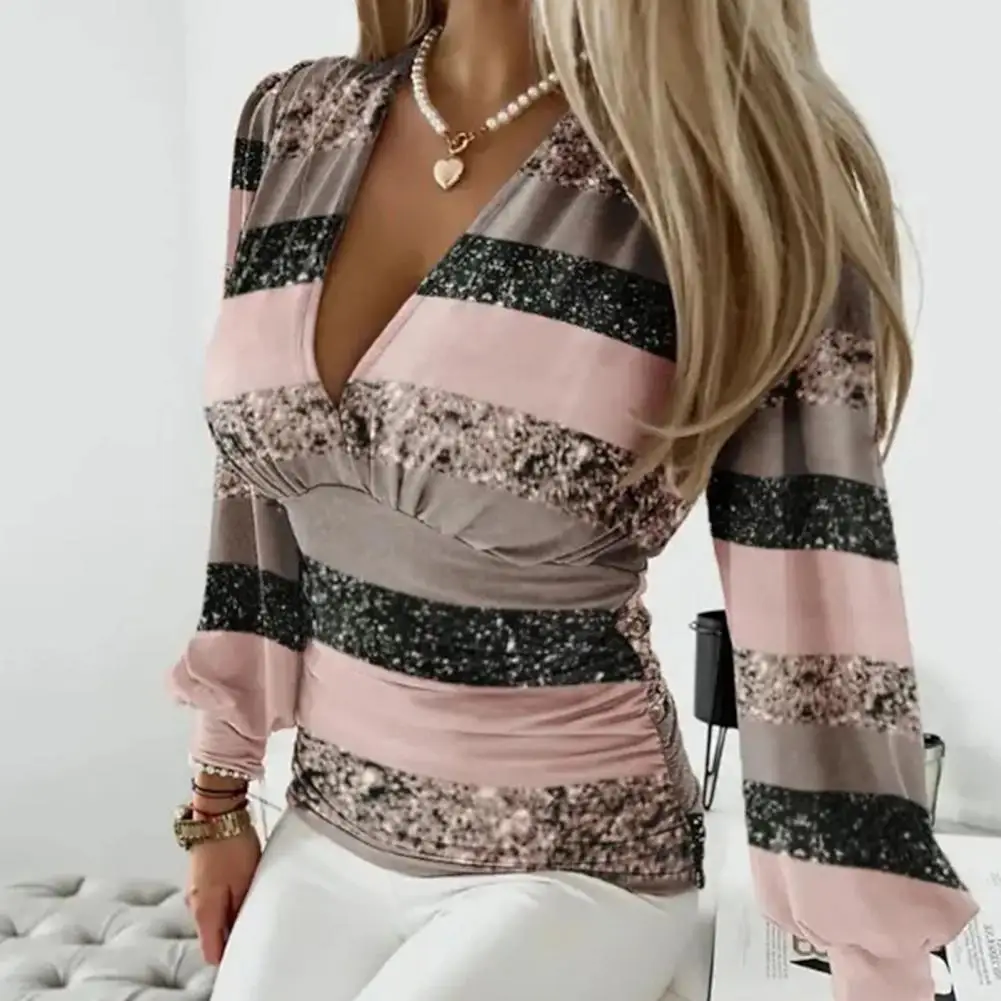 Women Breathable Top Stylish Sequin Striped V-neck Blouse Chic Fall/spring Shirt for Women with Soft Pleated Design for Ol fashion women s 3 piece skirt set allover sequin spaghetti strap tank crop top and skinny mini skirt set with open front coat