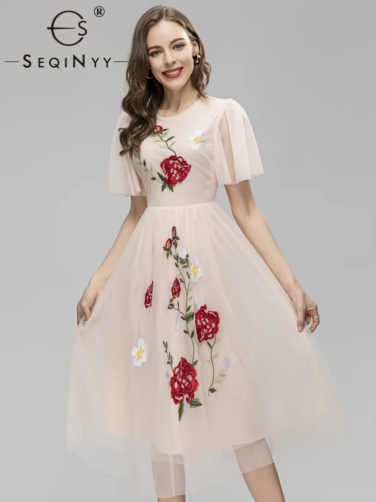 

SEQINYY Pink Dress Summer Spring New Fashion Design Women Runway High Street Vintage Embroidery Flowers Mesh Lace A-Line Casual