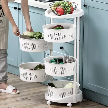 5 Layer Kitchen Rotating Organizer Rack Fruit Vegetable Storage Basket with Wheels 50kg Load for Kitchen Bathroom Living Room 1