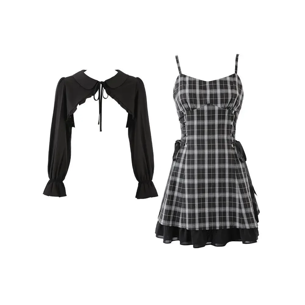 

Sweet Luoli Suit Spring and Summer Chiffon Cardigan Suit Black and White Check Suspender Dress Two-piece Skirt