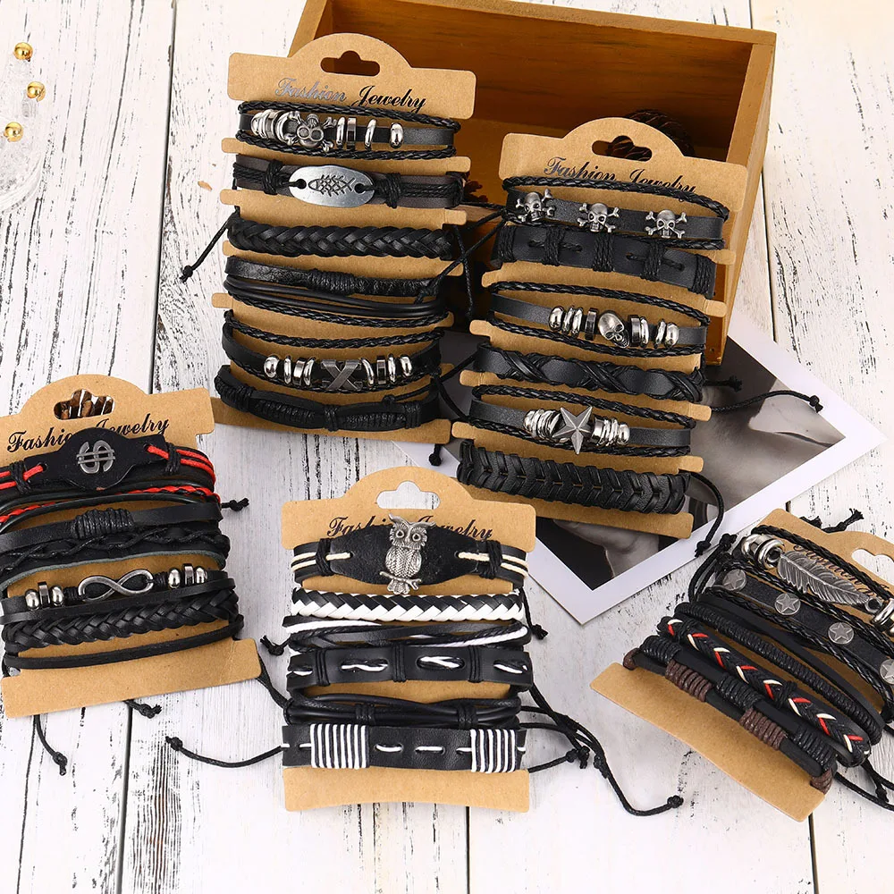 Men Fashion Multi-layer Viking Woven Skull Hand Adjustable Leather Bracelet Set Gifts