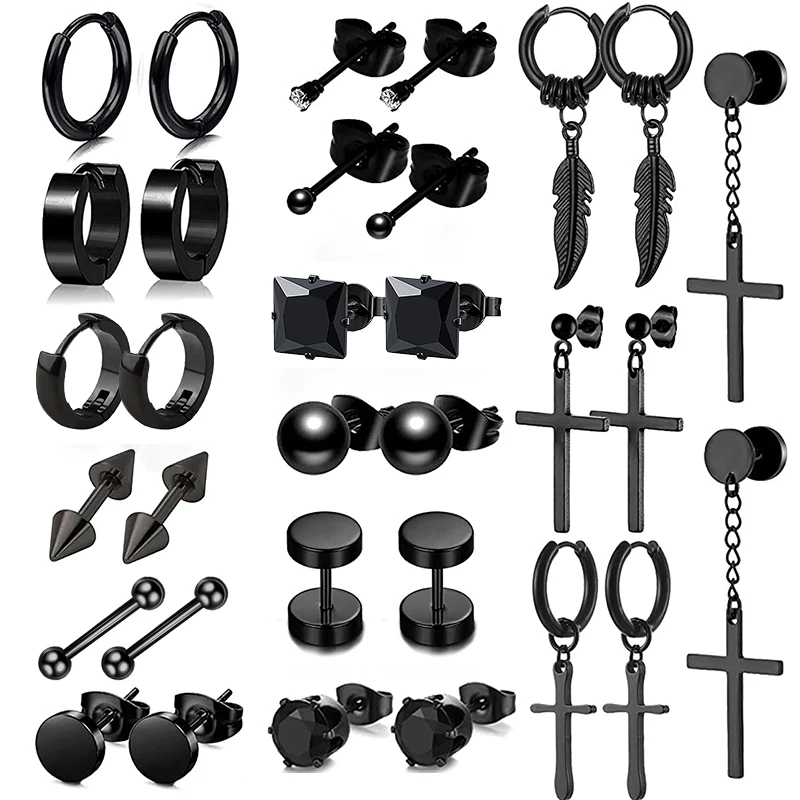 1/16 pairs Black Punk Stainless Steel Women Men Hoop Earrings Small Trendy Round Cross Pendants Jewelry Accessories Earrings 1