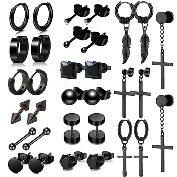 1/16 pairs Black Punk Stainless Steel Women Men Hoop Earrings Small Trendy Round Cross Pendants Jewelry Accessories Earrings 1