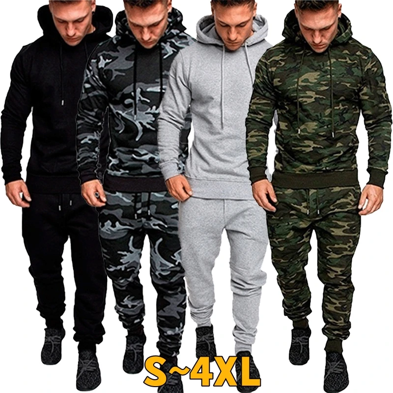 Autumn Men Fitness Tracksuit Sport Camo Printed Hoodies Coat + Pants Sportwear Suit Male Outdoor Running Jogging Sets custom logo 2pcs sets tracksuit men hooded sweatshirt pants pullover hoodie sportwear suit ropa hombre casual men running set