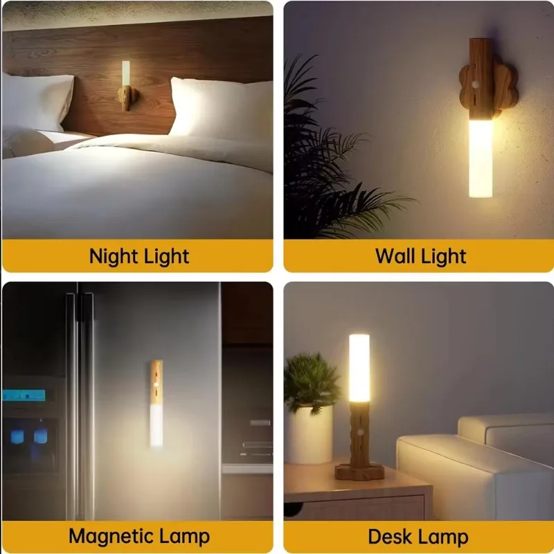 Rechargeable LED Imitation Wood Grain Night Light, Handheld Magnetic Design, Portable, Suitable for Wardrobe, Bedroom, Corridor
