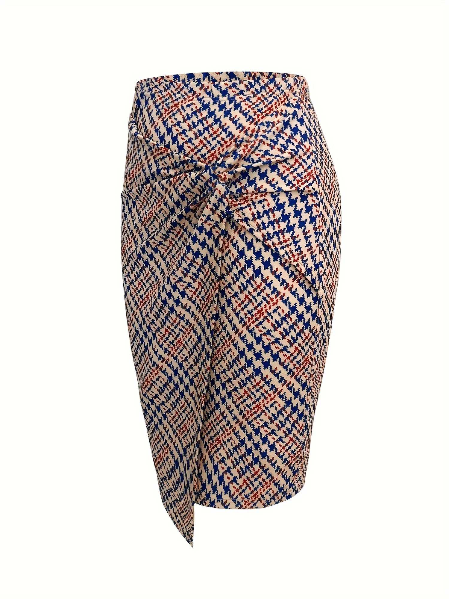 Women's Houndstooth Print Pencil Skirt | Twisted Knot Midi Skirt with Asymmetrical Hem 3