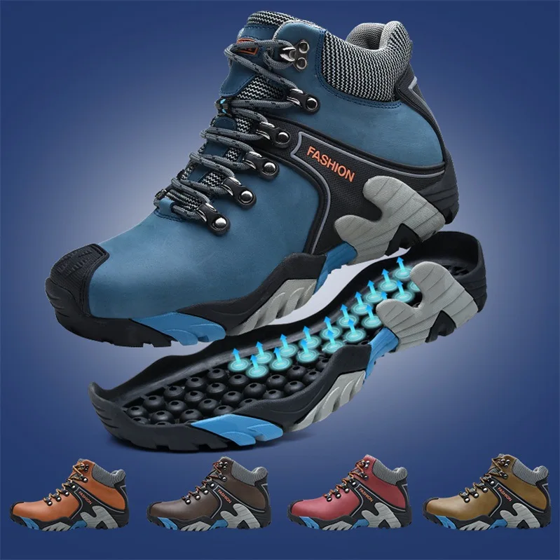High quality leather boots for men new 2023 autumn winter size 45 46 hiking outdoor mountain walking  plush warm shoe black blue