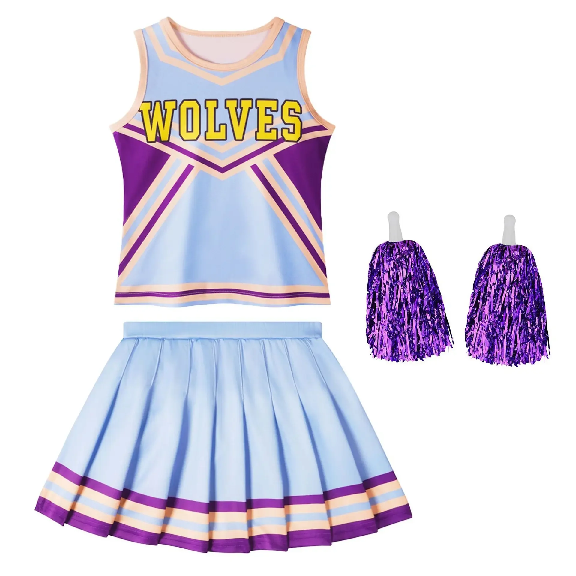 Cheerleader Round Neckline Letters Printed Skirt 2Pcs Flower Balls Set Girls Holiday Party Christmas Season Sports Event Clothes