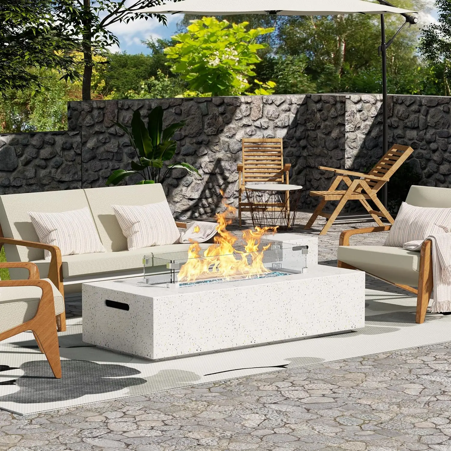 Description Picture 2 of itemNAGA HABNA 56 Inch Propane Fire Pit Table, Outdoor Rectangle Fire Table w Tank Table (50,000 BTU), 3 Piece Gas Fire Pit
