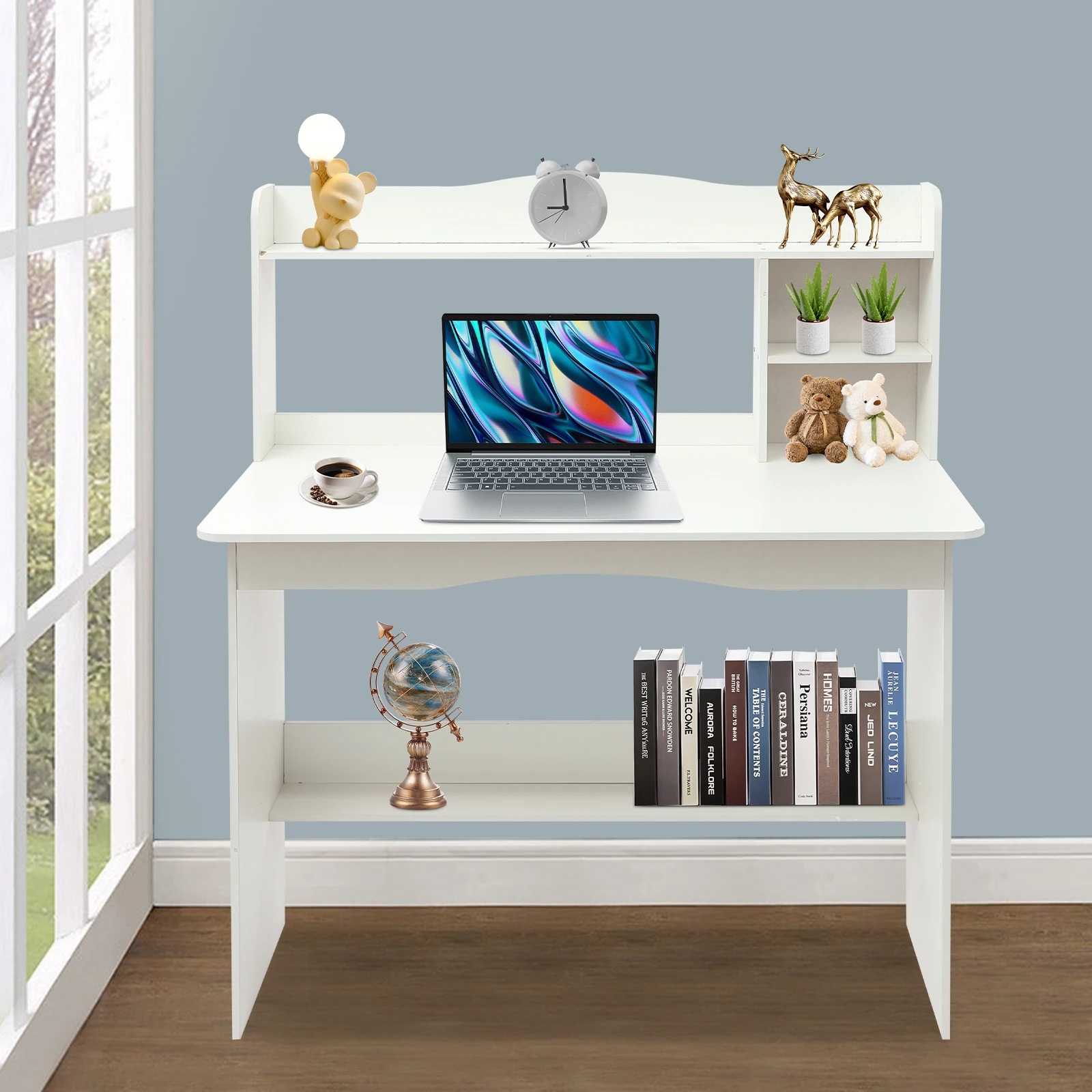 Free Standing Home Office Desk with Bookshelf, Writing Study Computer Workstation Laptop Table for Living Room, Bedroom, School 3