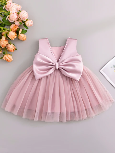 Princess Flower Girls Dresses Pink Sleeveless Bow Satin Wedding Kids Dresses With Pearl For Baby Girls 1