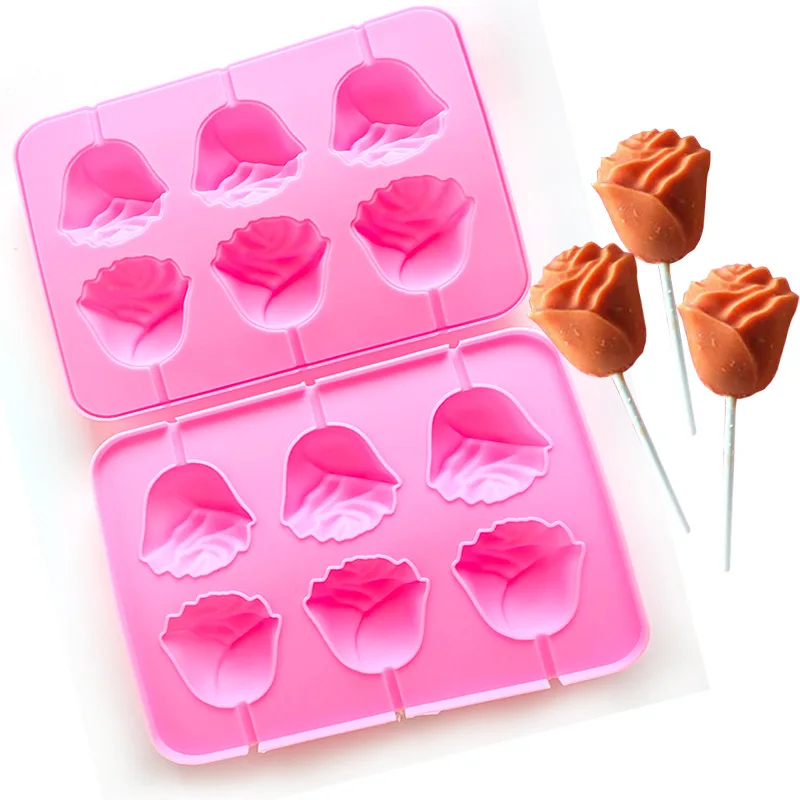 

2pcs/set DIY 6 Rose Shape Lollipop Molds Cake Molds Baking Tools 3D Pudding Chocolate Moulds For Silicone Chocolate Mold E612