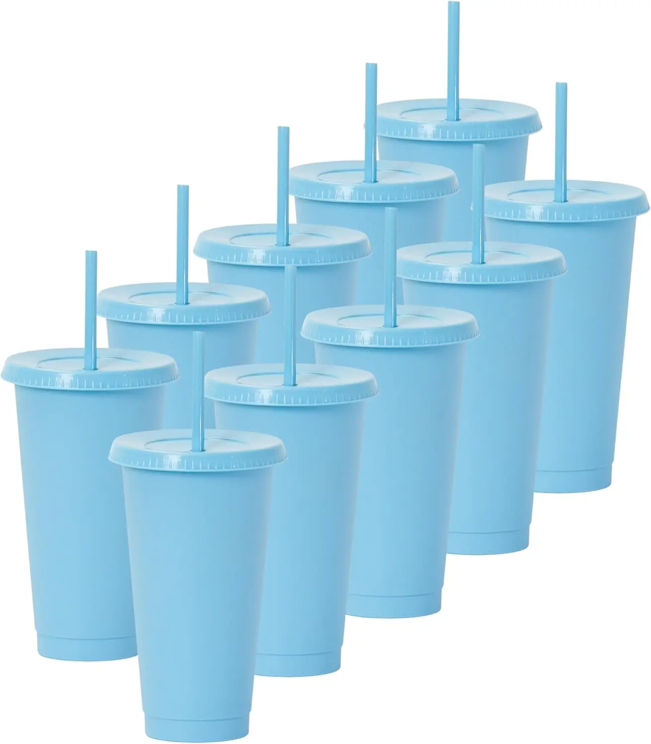 Set of 10 Reusable Cups with Straw and Lid, 24 Oz, Thermos Type, Sky Blue