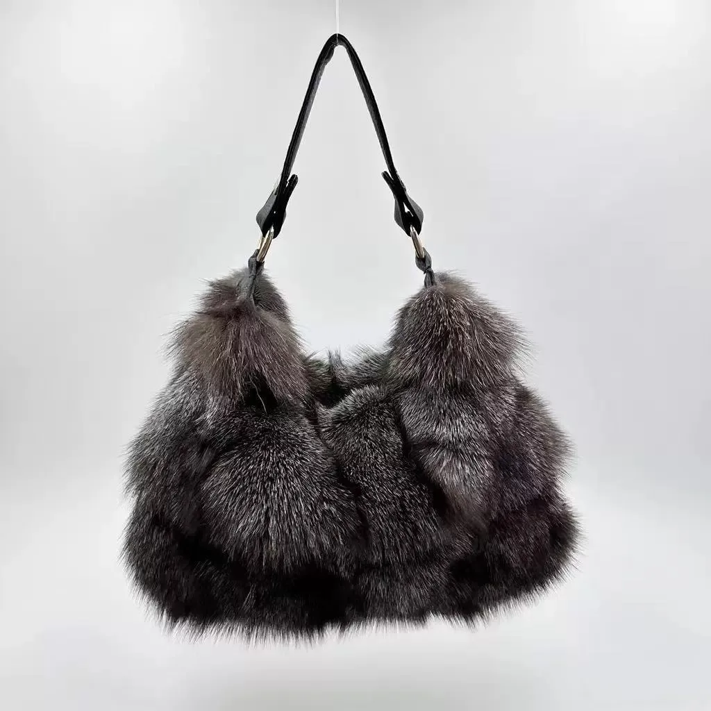 Genuine Fox Fur Women's Bag Large Capacity Soft Plush Tote Bag Versatile Handbag For Cross Portable Shopping Bag For Woman