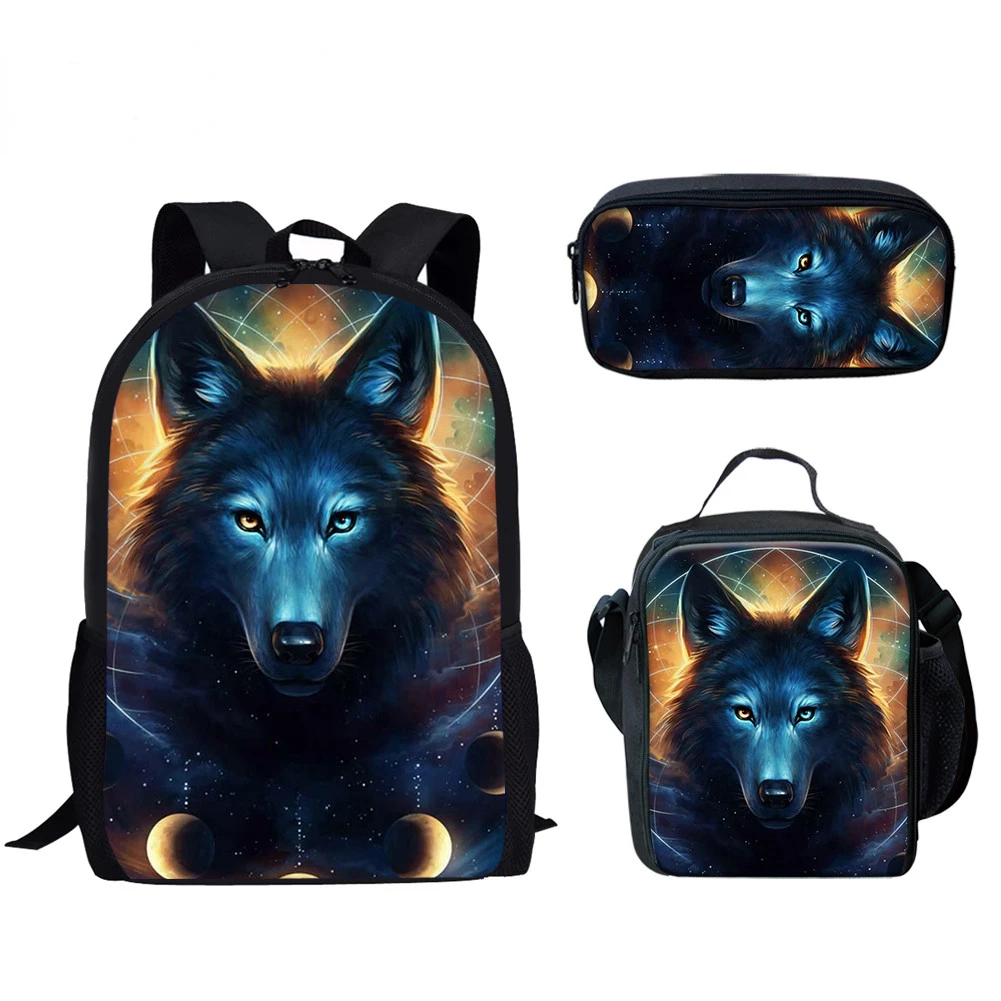 Classic Creative Popular Funny Moon Wolf 3D Print 3pcs/Set pupil School Bags Laptop Daypack Backpack Lunch bag Pencil Case