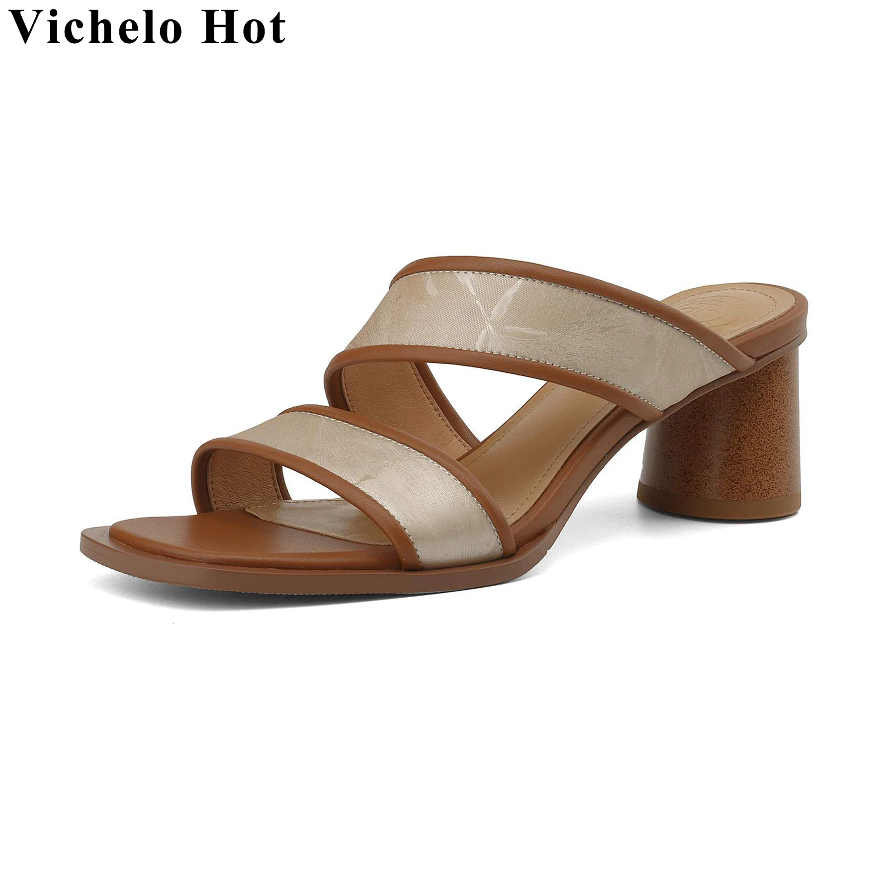 

Vichelo Hot Cow Leather Peep Toe Chinese Style Comfort Slingback Mules Big Size Casual Vacation Elegant Outside Women Slippers