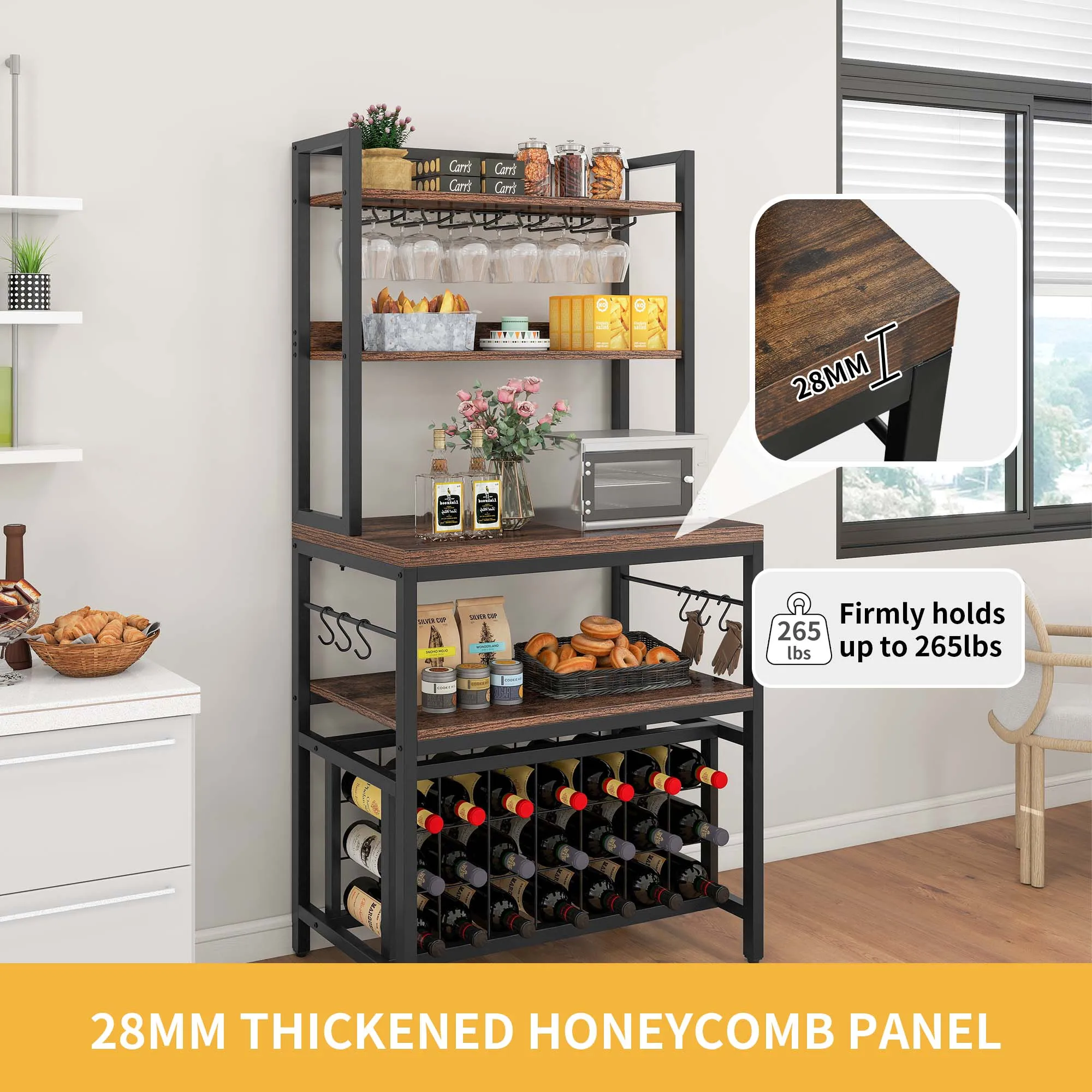 Wine Bar Table Wine Rack Bakers Rack with Glass Stemware Holders for Kitchen Pub