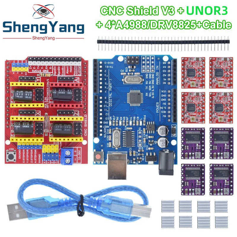 TZTUNO R3 Shield V3 Graviermaschine 3D-Drucker + 4 Stück DRV8825 oder A4988 Treiber-Erweiterungsplatine für Arduino mit USB-Kabel