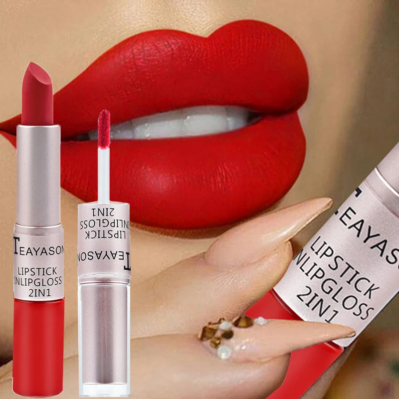 2-in-1 Matte Red Lipstick  Gloss - Long Lasting Velvet Waterproof Makeup