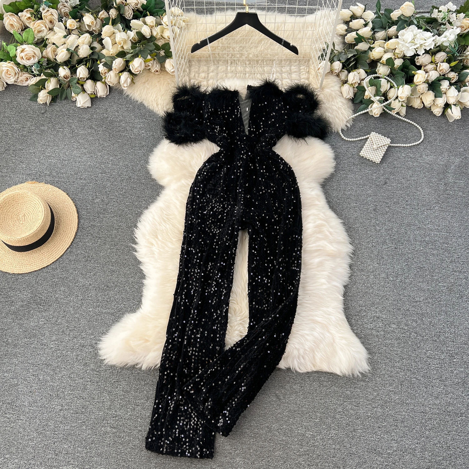 

Clothland Women Sexy Black Sequined Jumpsuit Off Shoulder Fur Patchwork Slash Neck Chic Party Event Long Playsuits Mujer KA417