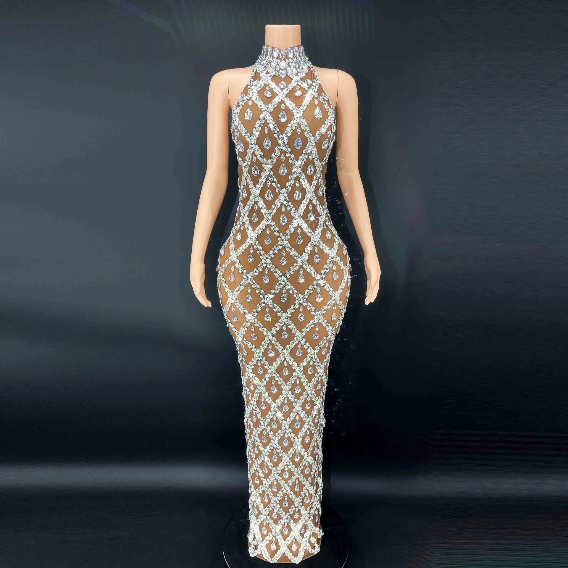 

Sparkly Rhinestones Sleeveless Long Dress Elegant Dark Mesh Celebrate Evening Wedding Prom Gown Birthday Dress Photograph Wear