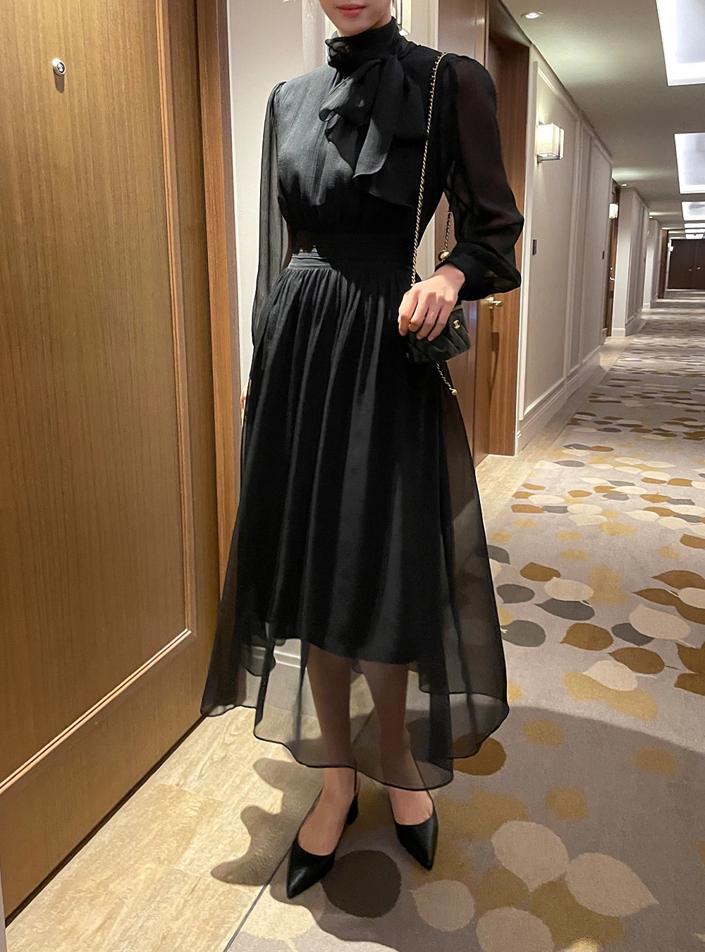 Elegant Midi Dresses for Women Long Sleeves Half High Collar Lace-up A-line Korean Fashion Autumn New One Piece Vestido Mujer