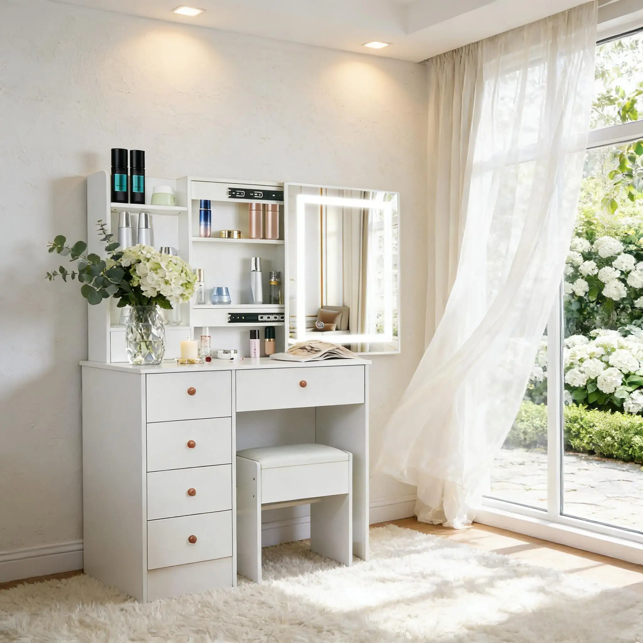 White Hollywood Vanity Set with Touch Control Dimmable Led Mirror, 6 Drawers & Stool, 3 Color Lighting, Easy Assembly