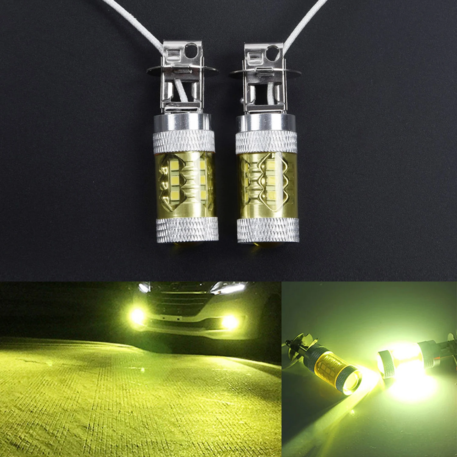 고휘도 LED 자동차 안개등 전구, 노란색 고출력 트럭 1500lm H3 80W 16SMD 저전력 소비 및 저열, 12-24V, 2 개 세트