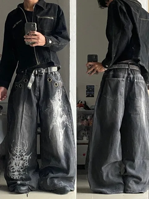 American New Fashion Oversized Pattern Printed Washed Jeans Men Y2K Gothic Rock Popular Casual Joker High Waist Wide Leg Pants 1