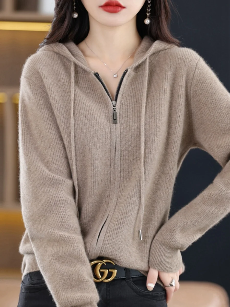 Elegant Soft Style Women's Long Sleeve Knitted Hat Jacket Autumn Outerwear Loose Versatile Base Shirt Double Zipper Low round...