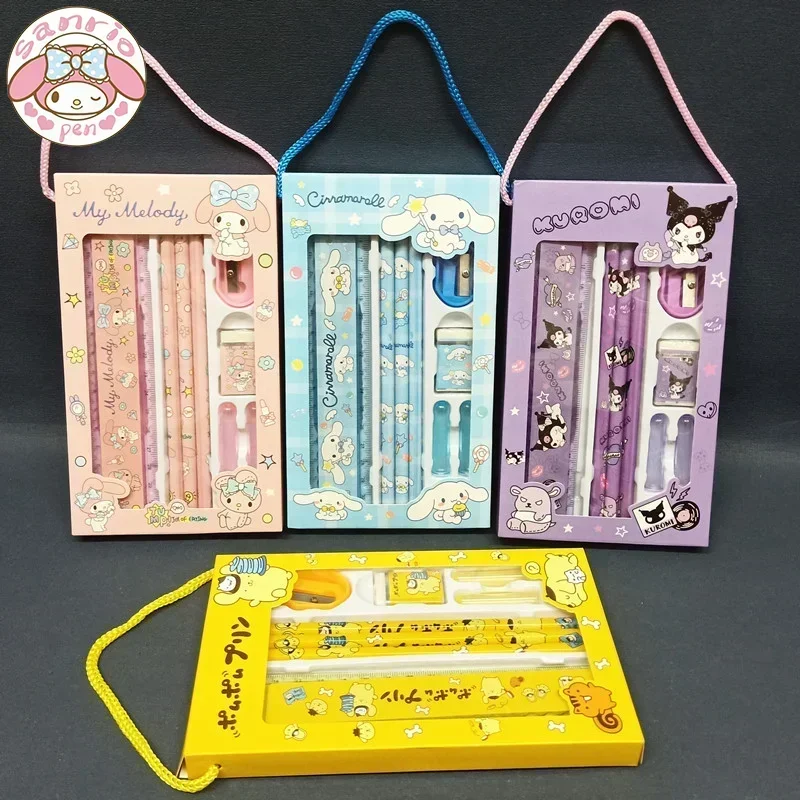 Sanrio-Juego de papelería de 2 piezas, borrador de lápiz, regla, Kawaii Melody Kuromi Cinnamon Roll, suministros de pintura para estudiantes, vacaciones para niños