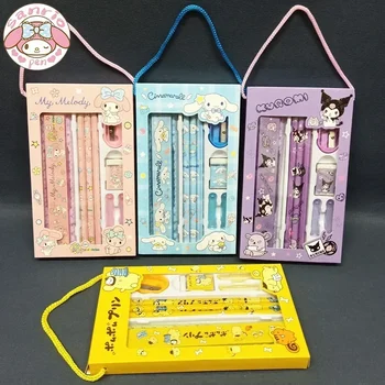 Sanrio 2PCS Stationery Set Pencil Eraser Ruler Kawaii Melody Kuromi Cinnamon Roll Student Painting Supplies Children Holiday 1