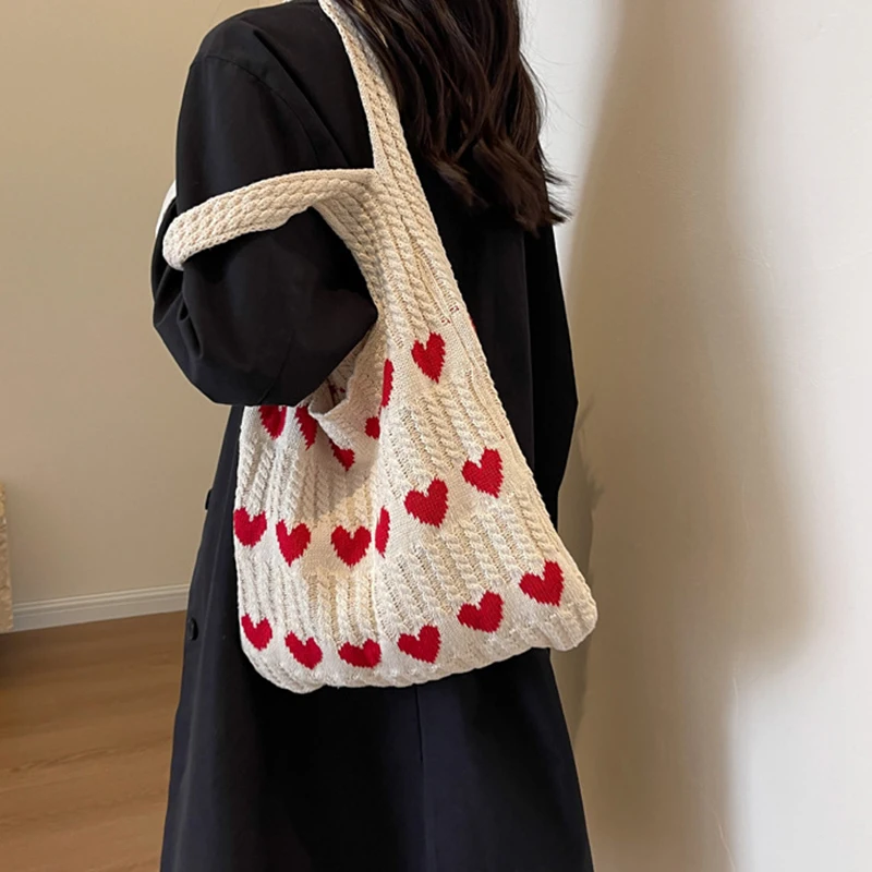 Fashion Heart Shape Pattern Knit Tote Bag Retro Women's Handbag Large Capacity Female Woven Shopper Purse Travel Bag